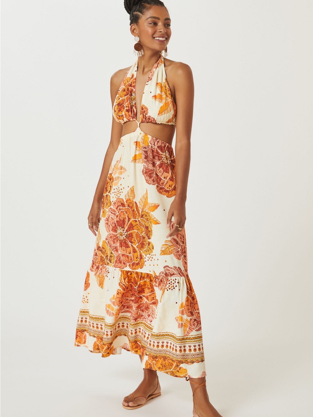 FARM Rio Cream Maxi Dress with Orange Floral Print